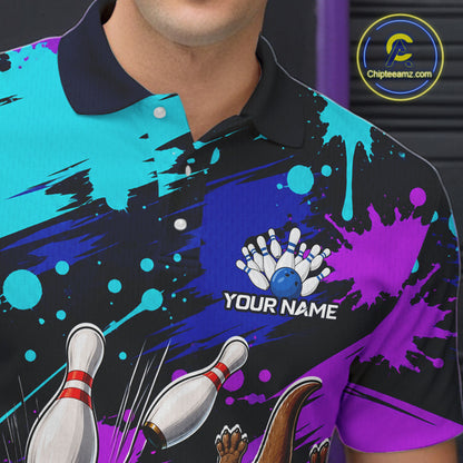 Colorful polo shirt with bowling design and 'Your Name' text, brand logo visible.