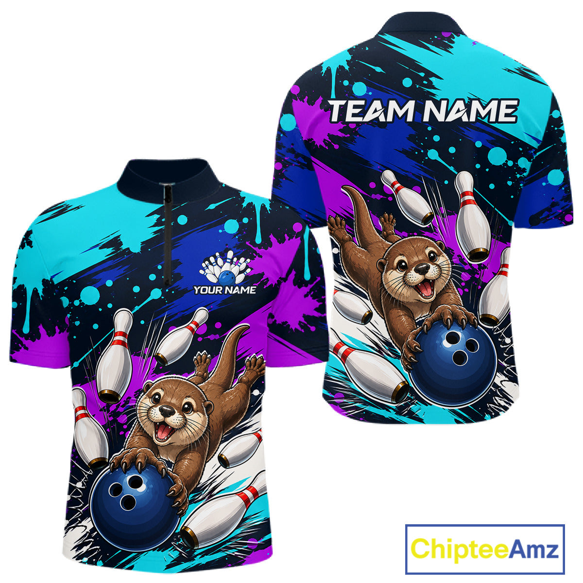 Colorful bowling-themed shirt with cartoon otters and customizable text on a white background