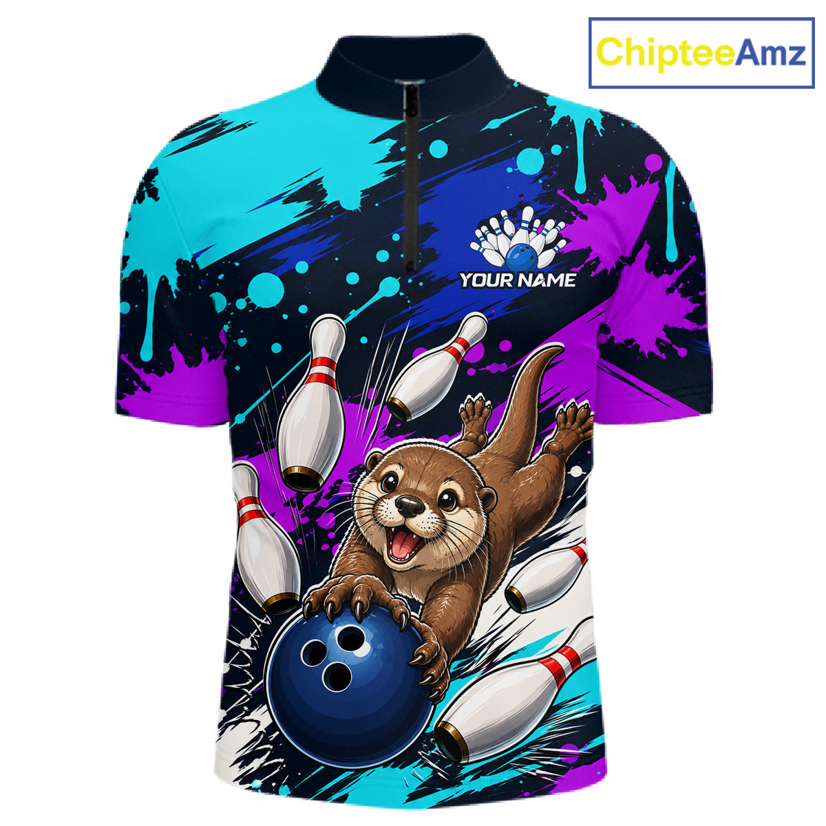 Colorful cycling jersey with an otter bowling design and 'ChipteeAmz' branding