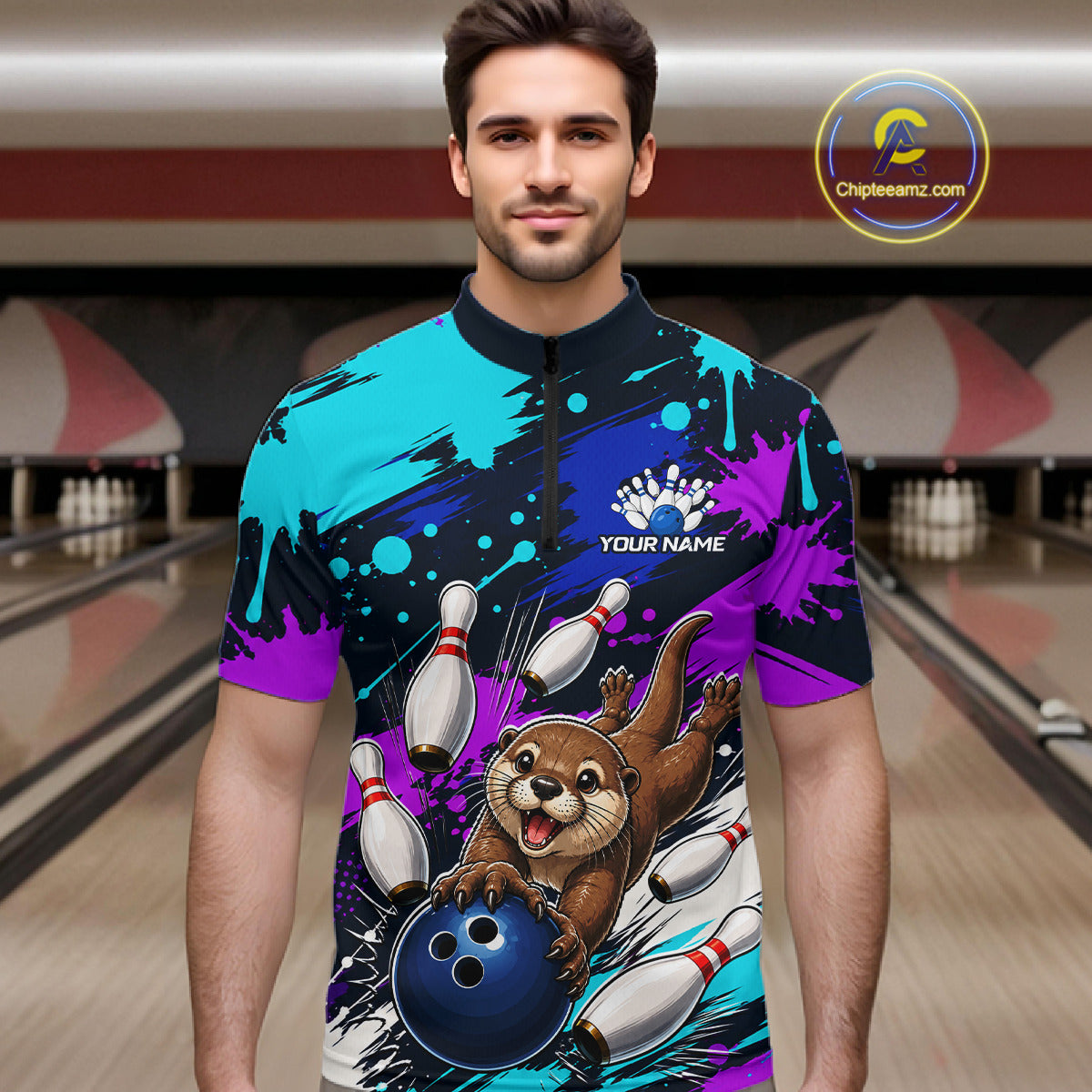 Man wearing a colorful bowling-themed shirt with an otter graphic in a bowling alley.