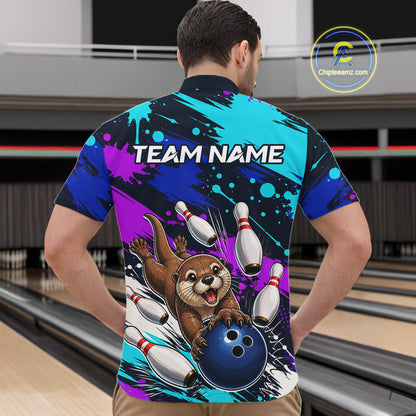 Person wearing a colorful bowling-themed shirt with an otter and bowling pins design, standing in a bowling alley.