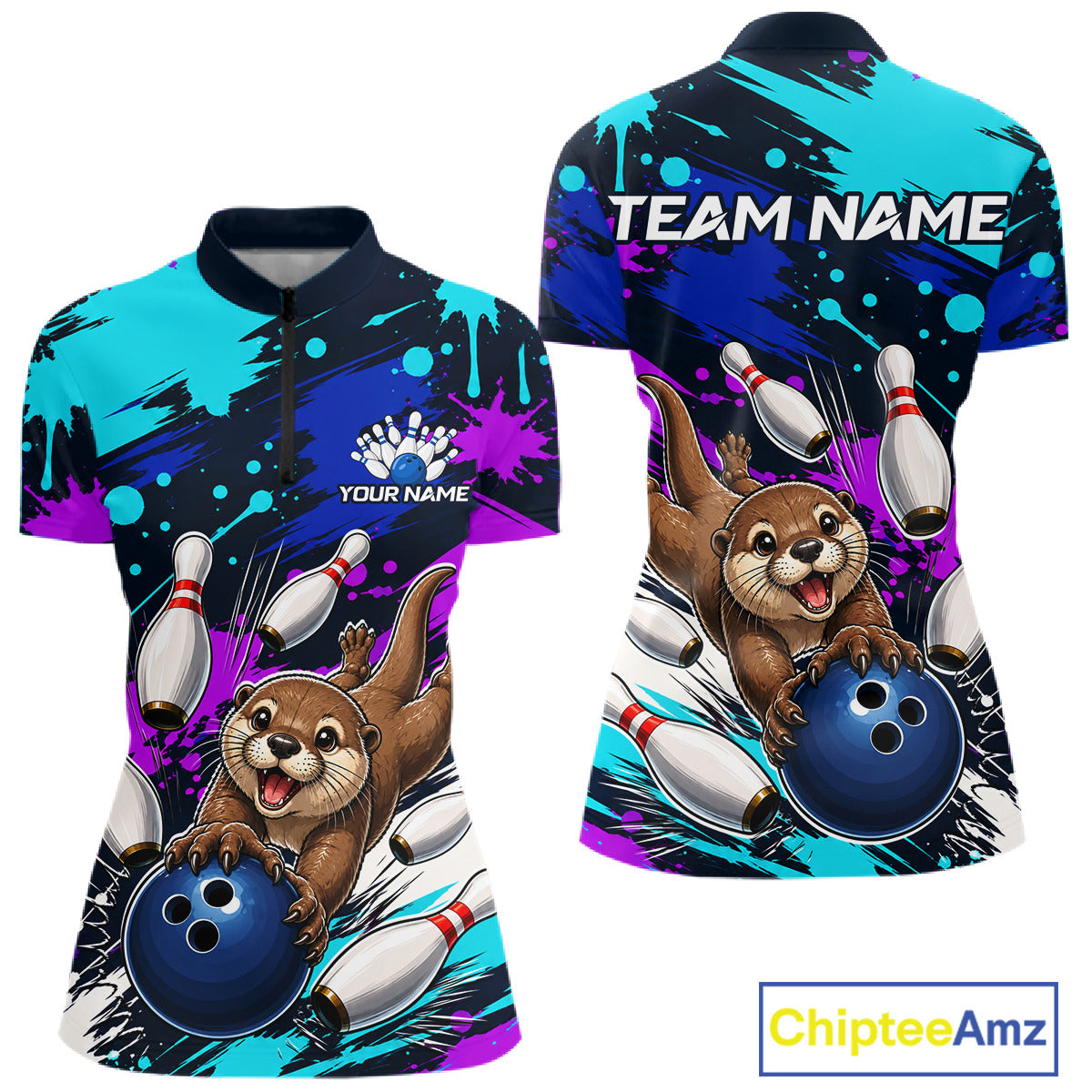 Bowling-themed shirt with otter graphics and 'Team Name' text, featuring Chiptee Amz branding.