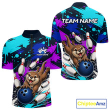 Load image into Gallery viewer, Colorful bowling-themed shirt with cartoon otters and customizable text on a white background