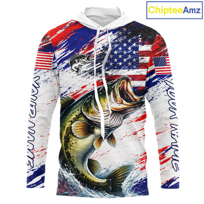 Patriotic Bass Fishing Tournament Shirts, Personalized American Flag Hooded Bass Fishing Jerseys NHT497