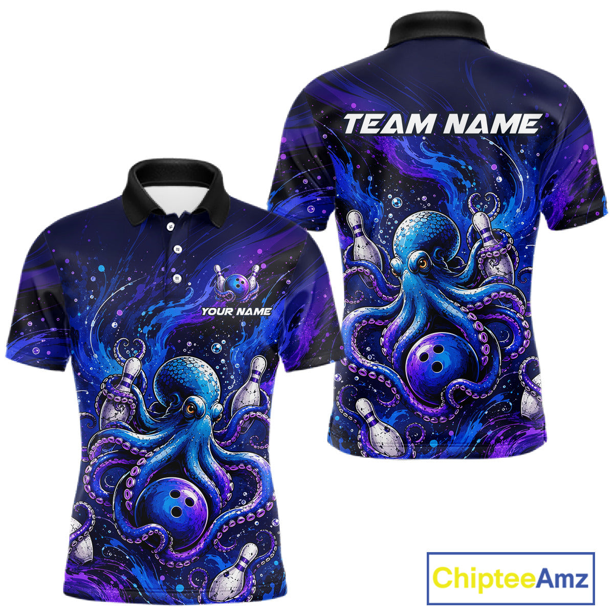 Men's octopus bowling polo shirt – custom team jersey close-up