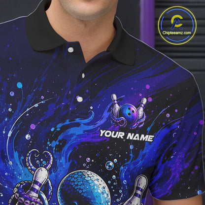Men's Personalized Octopus Bowling Polo Shirt & Quarter Zip Pullover – Custom Team Bowling Jersey NHT1174