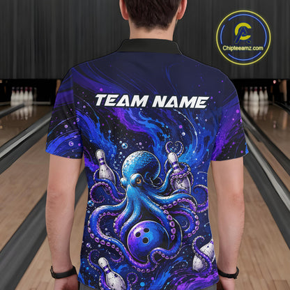 Men's Personalized Octopus Bowling Polo Shirt & Quarter Zip Pullover – Custom Team Bowling Jersey NHT1174