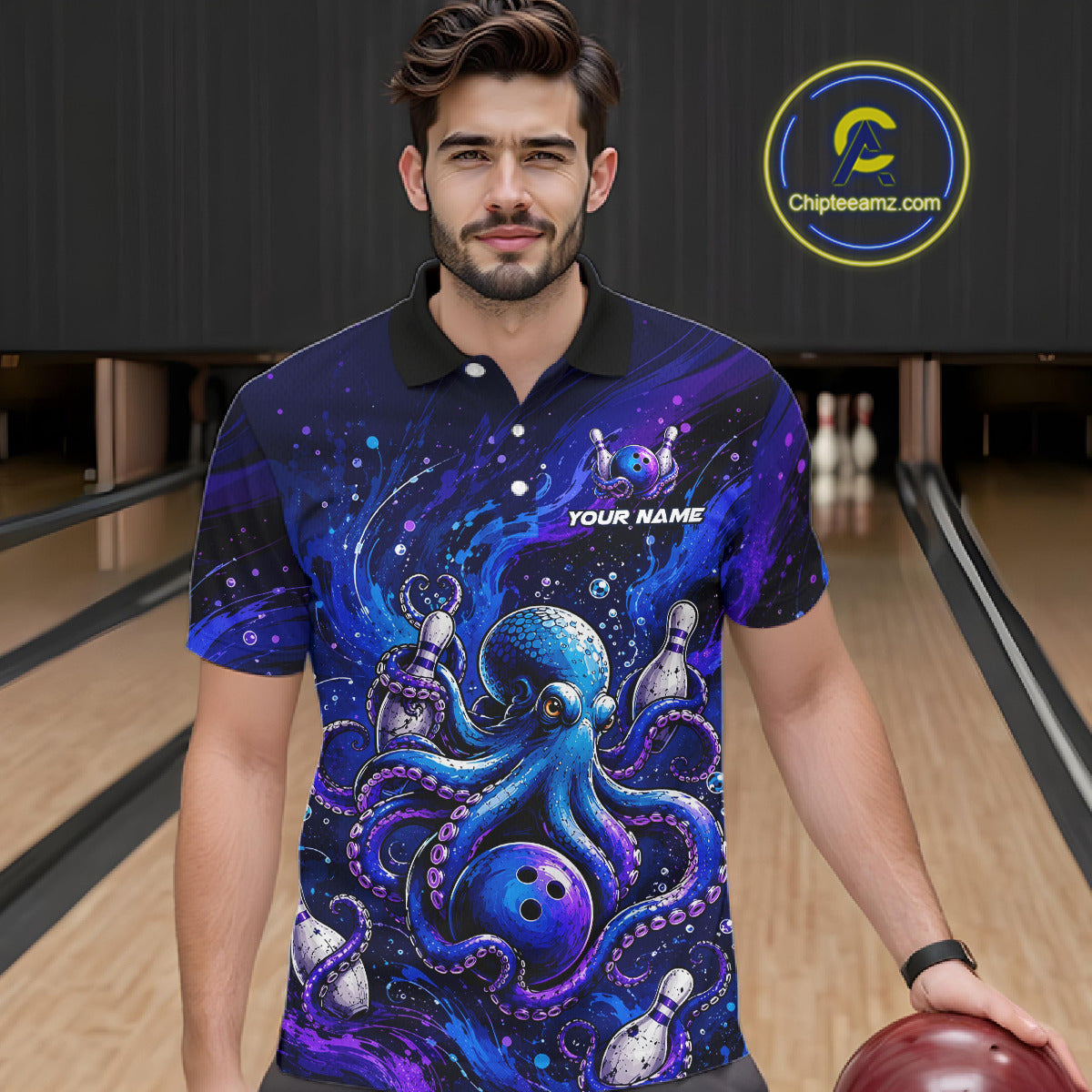 Men's Personalized Octopus Bowling Polo Shirt & Quarter Zip Pullover – Custom Team Bowling Jersey NHT1174
