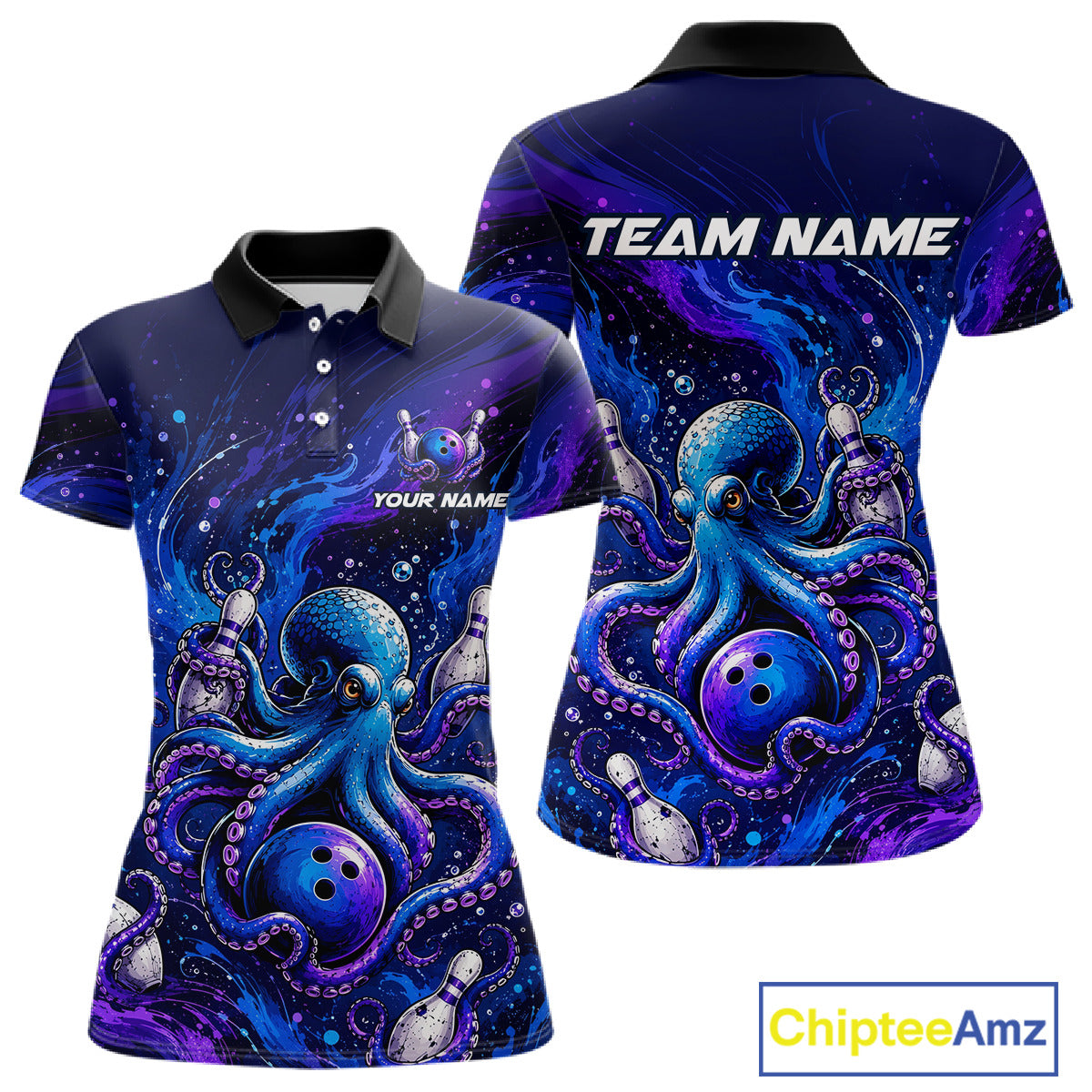 Women's personalized octopus bowling polo shirt  – custom team bowling jersey front view