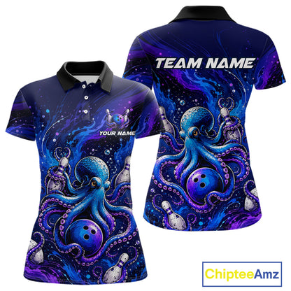 Women's personalized octopus bowling polo shirt  – custom team bowling jersey front view