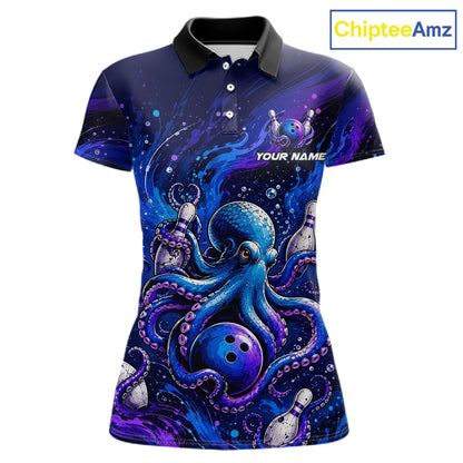 Women's personalized octopus bowling polo shirt  – custom team bowling jersey front view