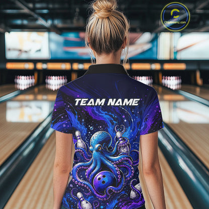 Women's Personalized Octopus Bowling Polo Shirt & Quarter Zip Pullover – Custom Team Bowling Jersey NHT1174