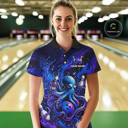 Women's Personalized Octopus Bowling Polo Shirt & Quarter Zip Pullover – Custom Team Bowling Jersey NHT1174
