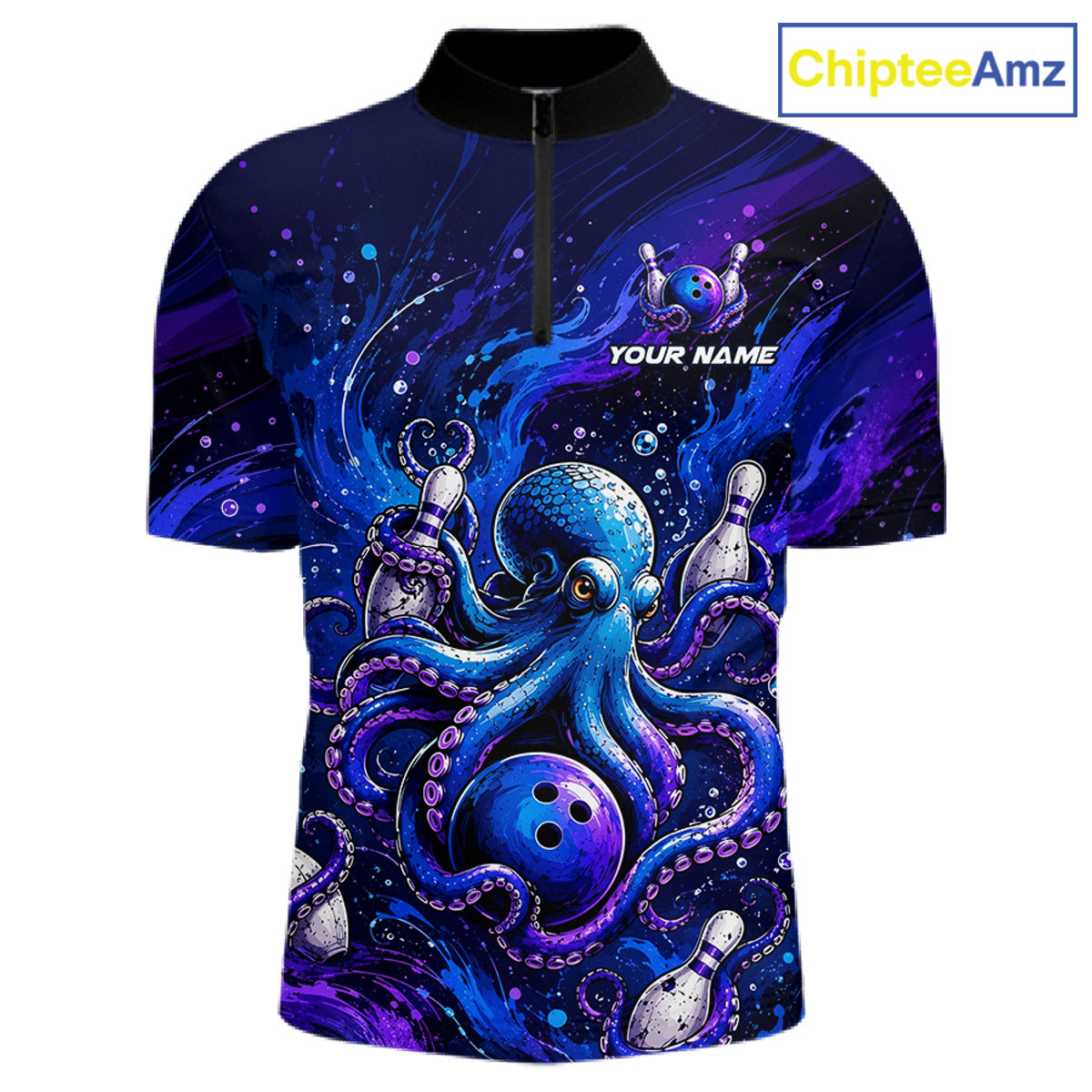 Men's personalized octopus bowling quarter zip pullover – front view