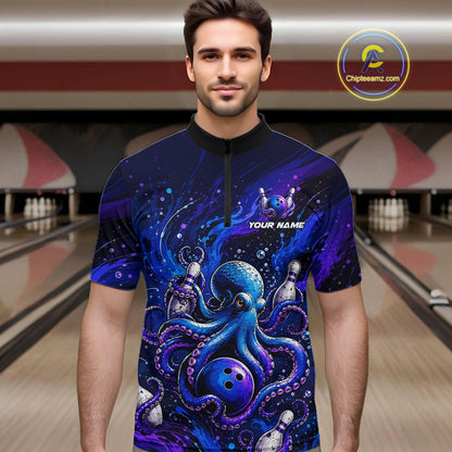 Men's Personalized Octopus Bowling Polo Shirt & Quarter Zip Pullover – Custom Team Bowling Jersey NHT1174