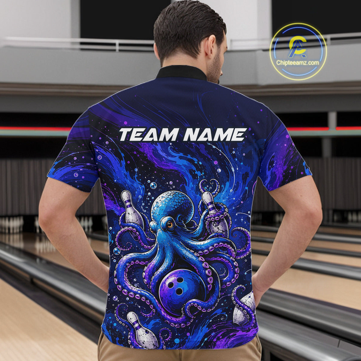 Men's Personalized Octopus Bowling Polo Shirt & Quarter Zip Pullover – Custom Team Bowling Jersey NHT1174