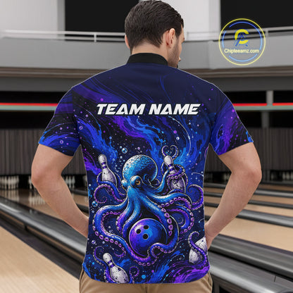 Men's Personalized Octopus Bowling Polo Shirt & Quarter Zip Pullover – Custom Team Bowling Jersey NHT1174