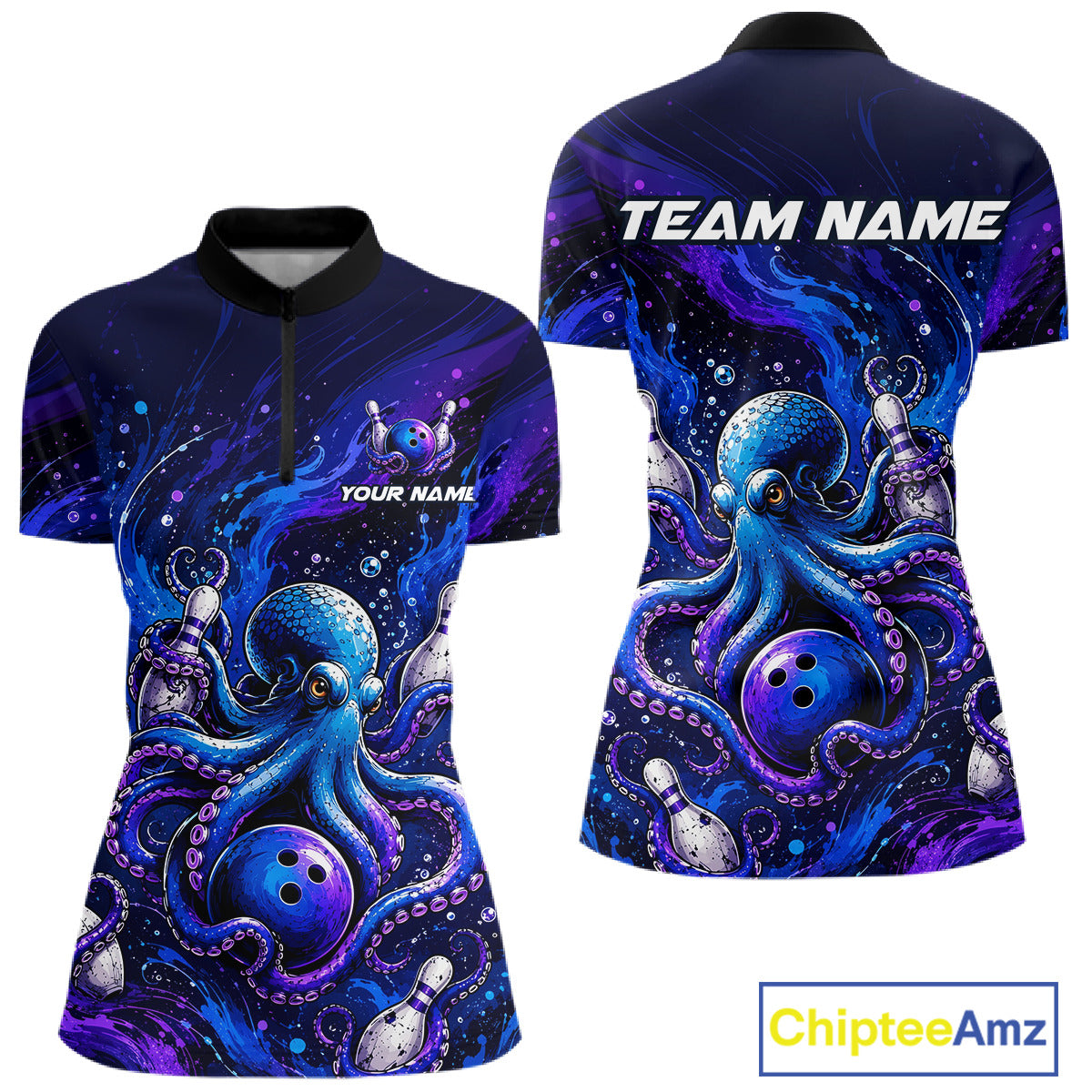 Women's octopus bowling quarter zip pullover – breathable polyester custom team bowling jersey