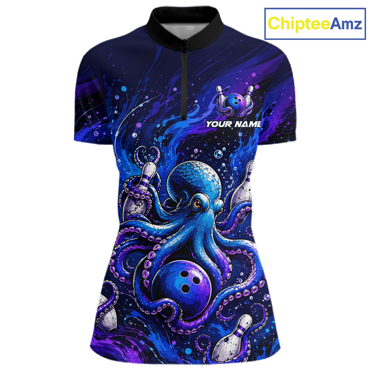 Women's personalized octopus bowling quarter zip pullover – custom team bowling jersey front view