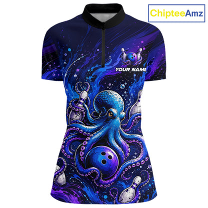 Women's personalized octopus bowling quarter zip pullover – custom team bowling jersey front view