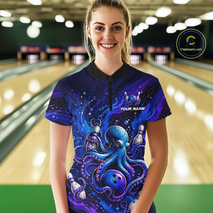 Women's Personalized Octopus Bowling Polo Shirt & Quarter Zip Pullover – Custom Team Bowling Jersey NHT1174