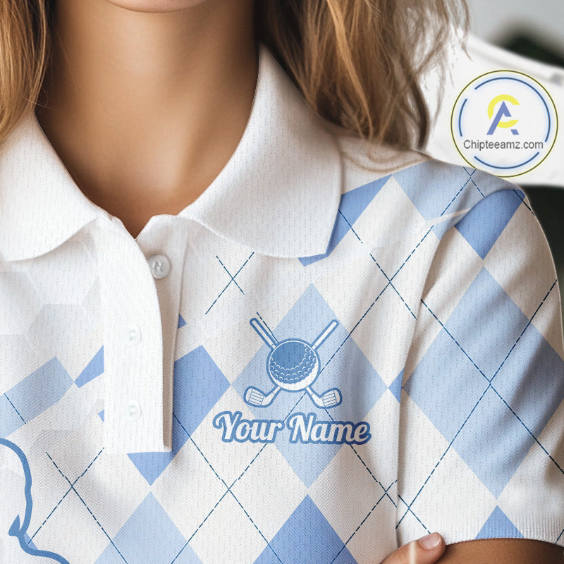 Personalized Blue White Argyle Plaid Pattern Womens Golf Polo Shirts, Blue Golf Tops For Womens NHT674