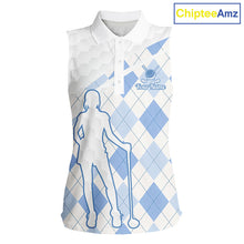 Load image into Gallery viewer, Personalized Blue White Argyle Plaid Pattern Womens Sleeveless Golf Polo Shirts, Blue Golf Tops For Womens NHT674