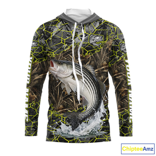 Striped Bass Custom Long Sleeve Hooded Fishing Shirts, Camouflage Striper Fishing Jerseys NHT518