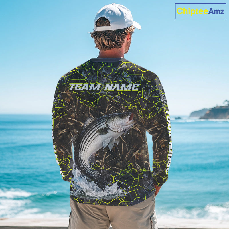 Striped Bass Custom Long Sleeve Fishing Shirts, Camouflage Striper Fishing Jerseys NHT518
