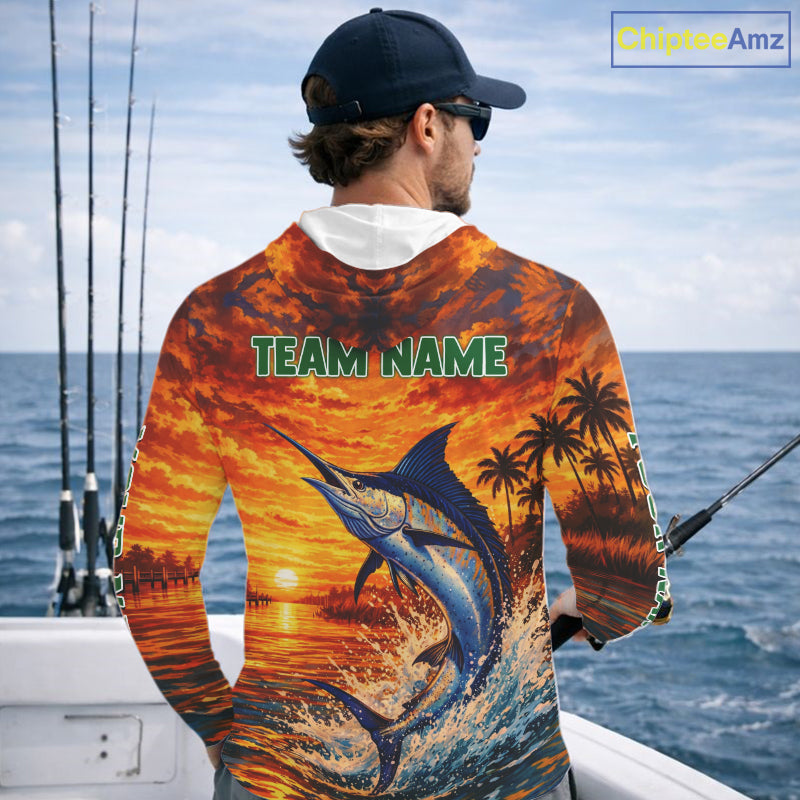 Personalized Marlin Fish Hooded Fishing Shirt Long Sleeve – Sunset Ocean Design NHT714