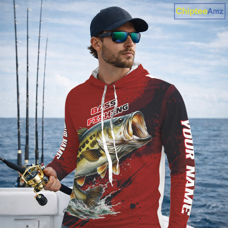 Bass Fishing Red Camo Custom Name UV Protection Fishing Shirts Long Sleeve Hooded For Men NHT528