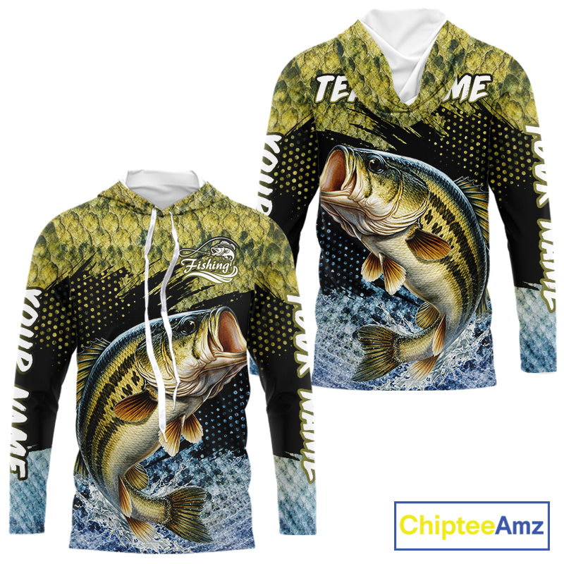 Largemouth Bass Fishing Green Camo Bass Jersey, Customized Bass Fishing Shirts Hooded Long Sleeve NHT532