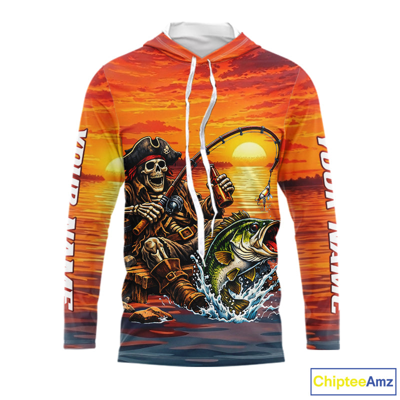 Skeleton Bass Hooded Fishing Shirts Long Sleeve – Sunset Fisherman Skull Design, Funny Fishing Gift For Anglers NHT536