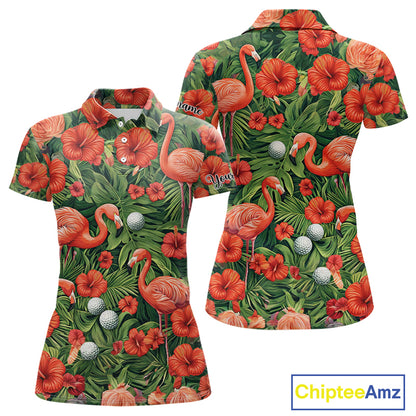 Custom Hibicus Flamingo Floral Golf Polo Shirts For Women, Flower Golf Team Shirts NHT540