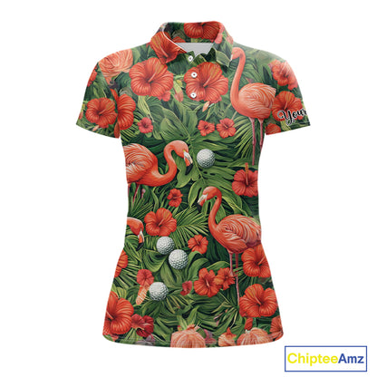 Custom Hibicus Flamingo Floral Golf Polo Shirts For Women, Flower Golf Team Shirts NHT540