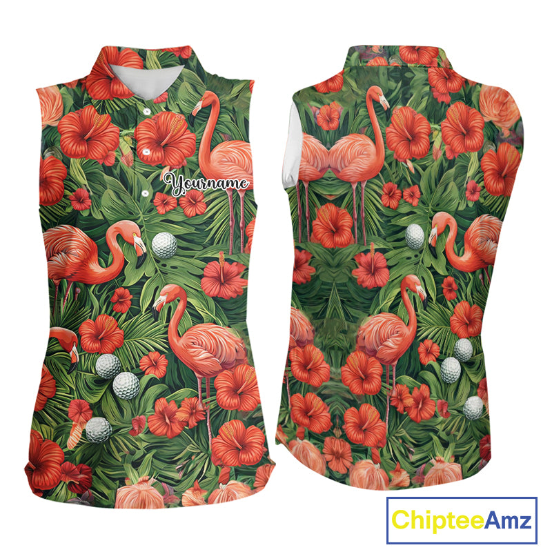 Custom Hibicus Flamingo Floral Golf Sleeveless Polo Shirts For Womens, Flower Golf Team Shirts NHT540