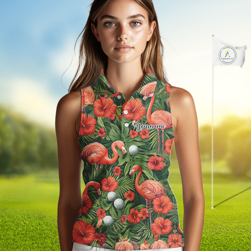 Custom Hibicus Flamingo Floral Golf Sleeveless Polo Shirts For Womens, Flower Golf Team Shirts NHT540