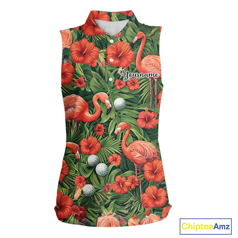 Custom Hibicus Flamingo Floral Golf Sleeveless Polo Shirts For Womens, Flower Golf Team Shirts NHT540