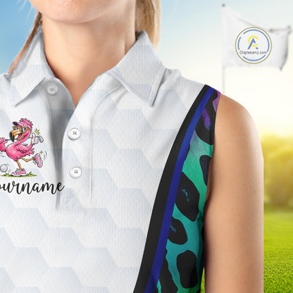 Funny Pink Flamingo Custom Colorful Neon Leopard Team Sleeveless Golf Polo Shirt For Women NHT544