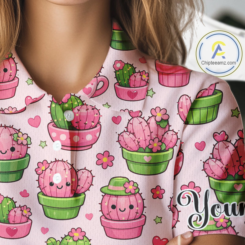 Cute Kawaii Cactus Womens Golf Polo Shirt, Funny Pink Cartoon Cactus Shirt NHT555