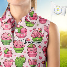 Load image into Gallery viewer, Cute Kawaii Cactus Womens Sleeveless Golf Polo Shirt, Funny Pink Cartoon Cactus Shirt NHT555