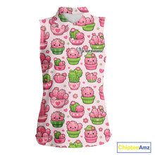Load image into Gallery viewer, Cute Kawaii Cactus Womens Sleeveless Golf Polo Shirt, Funny Pink Cartoon Cactus Shirt NHT555