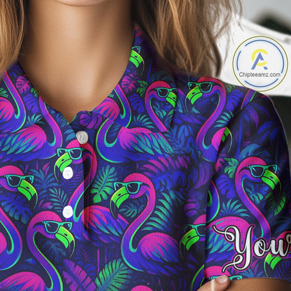 Womens Golf Polo Shirt Neon Flamingos Tropical Pattern Custom Name, Golfing Gifts NHT557