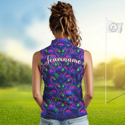 Womens Sleeveless Golf Polo Shirt Neon Flamingos Tropical Pattern Custom Name, Golfing Gifts NHT557