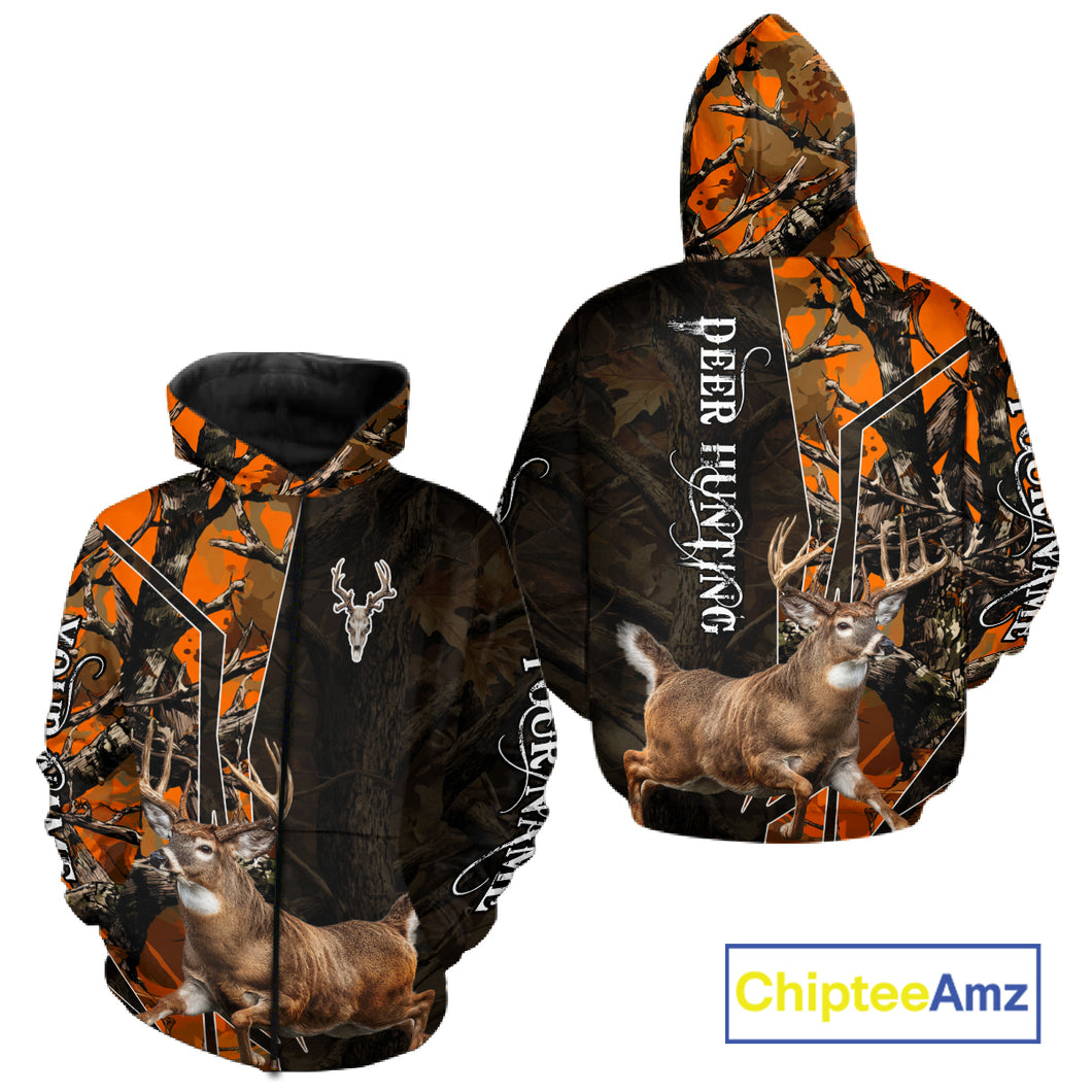 Deer Hunting Shirt 3D Orange Camo Black Custom Name With Deer Skull Whitetail, Hunting Gift NHT236