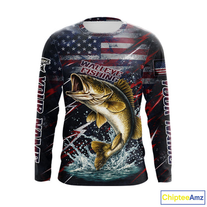 Personalized US Flag Walleye Fishing Shirts Long Sleeve, Patriotic Walleye Fishing Apparel NHT482