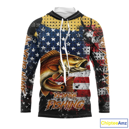 American Flag Custom Redfish Fishing Shirts Long Sleeve Hooded, Patriotic Redfish Fishing Jerseys NHT484
