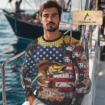 American Flag Custom Redfish Fishing Shirts Long Sleeve, Patriotic Redfish Fishing Jerseys NHT484