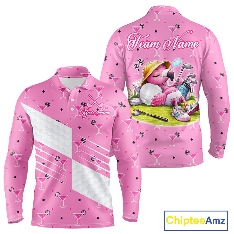 Personalized Mens Golf Polo Shirt With Flamingo Sleep– Funny Cartoon Pattern For Golfer NHT598