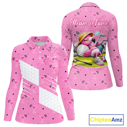 Personalized Womens Golf Polo Shirt With Flamingo Sleep– Funny Cartoon Pattern For Golfer NHT598